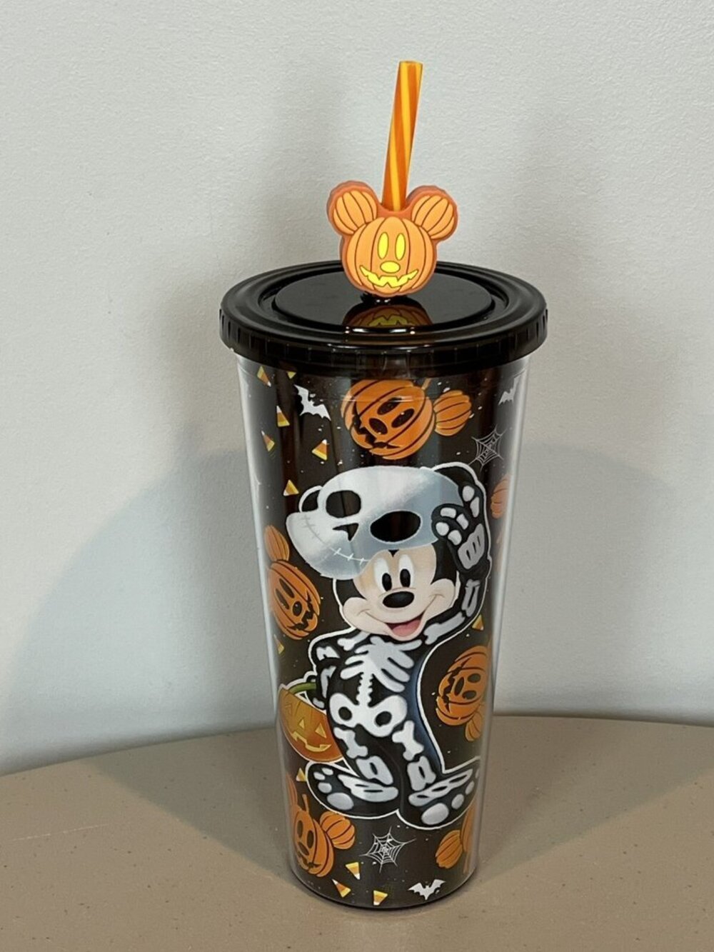 Disney Halloween Mickey Mouse‎ Skeleton Tumbler with Pumpkin Mickey Straw